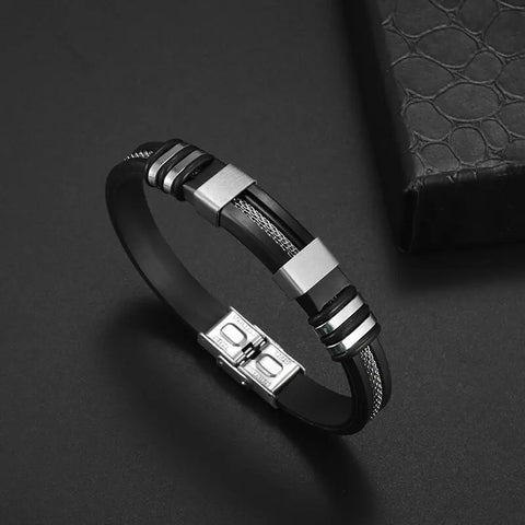 Men's Classic Stainless Steel Casual Bracelet Fold Over Buckle Waterproof Silicone Bracelet Black Wristband Punk Fashion Jewelry