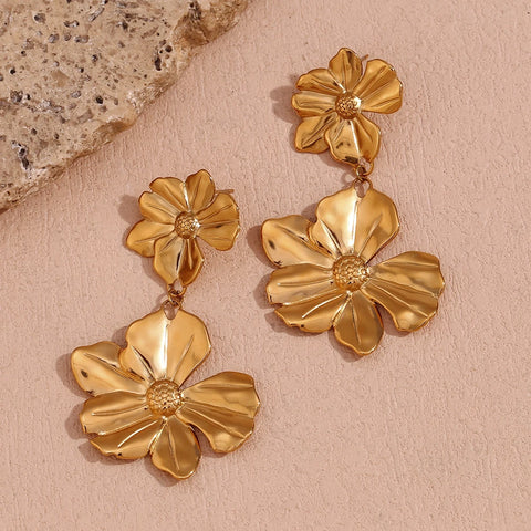 E.B.belle Two Flower Stitching Drop Earrings Waterproof Tarnish Free 316L Stainless Steel Decoration 18K Gold Plated Jewelry