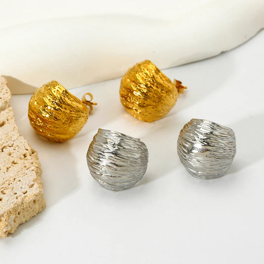 Stylish 18K Gold Plated Stainless Steel Texture Semicircle Stud Earring for Women Waterproof Statement Post Earring Jewelry Gift