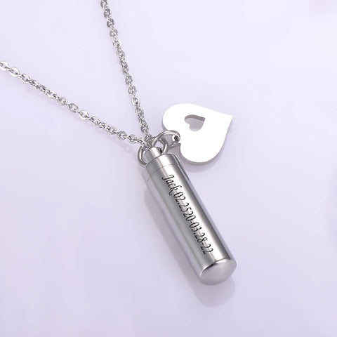 Heart Charm & Cylinder Memorial Urn Necklace Stainless Steel Cremation Jewelry Waterproof Nickel-Free Hypoallergenic Jewelry