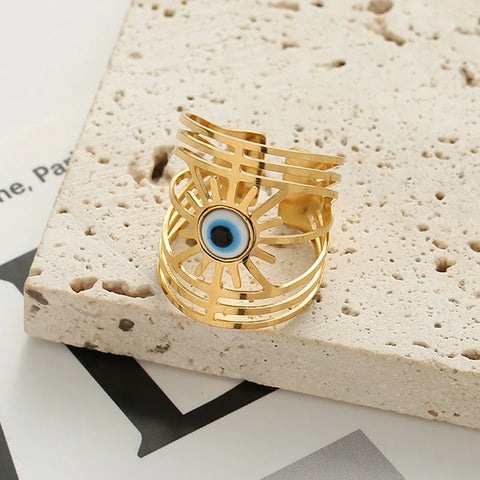 Luxury 14K Gold Plated Stainless Steel Rings Finger Party Wedding Jewelry Wide Evil Eyes Rings Engagement Rings for Women