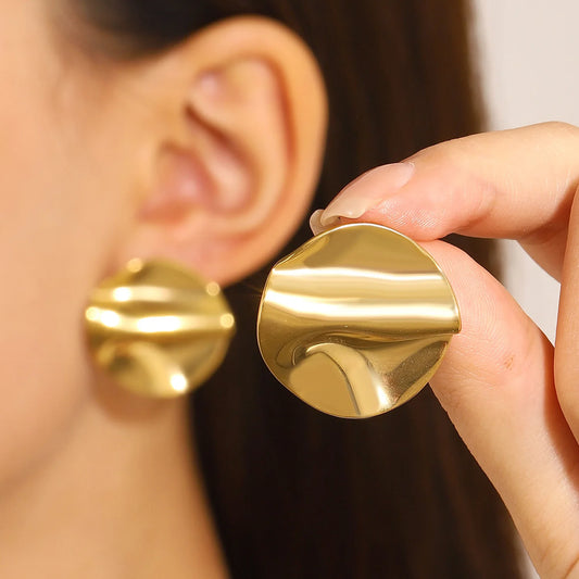 New Stainless Steel Pleated Geometric Earrings For Women Jewelry 2024 Trending Vintage Women's Smooth Gold Color Stud Earrings