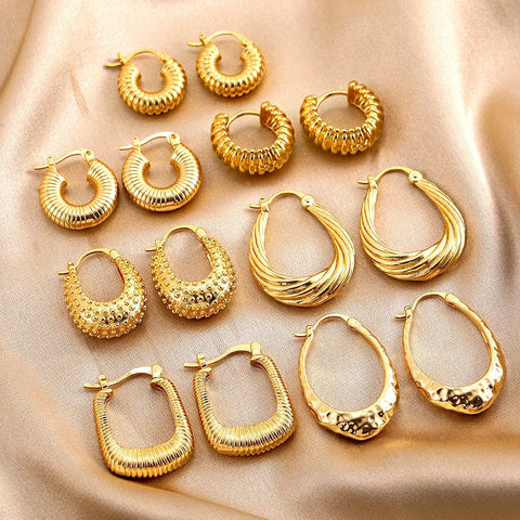 Vintage Stainless Steel Twist Chunky Puff Dome Hoop Earrings Waterproof U Shape Huggie Fashion Charm Ear Jewelry Pendientes