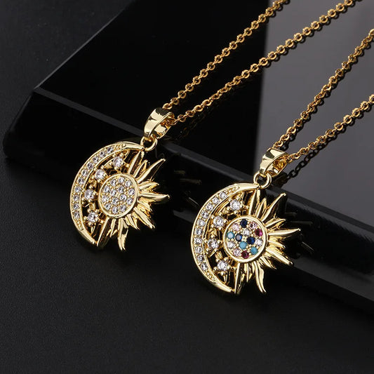 Fashion Sun Moon Star Zircon Pendant Necklace Stainless Steel Light Luxury Choker Jewelry Party Gifts For Women Girls