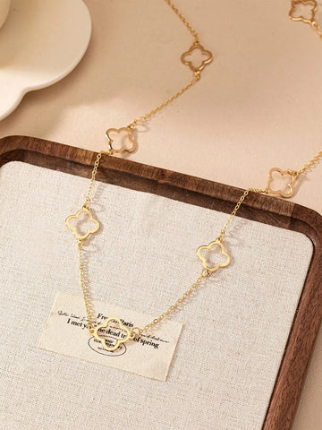 1 piece of popular luxury simple stainless steel gold lucky four-leaf flower hollow necklace women's fashion jewelry gift