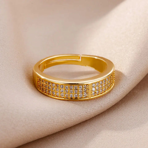 Zircon Geometric Rings For Women Gold Plated Stainless Steel Adjustable Ring  Luxury Korean Fashion Couple Wedding Jewerly Gift