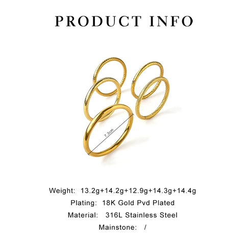 Peri'sbox Non Fade Solid Gold Plated 5 Texture Design Bracelets Simple Thick Stackable Stainless Steel Waterproof Jewelry Women