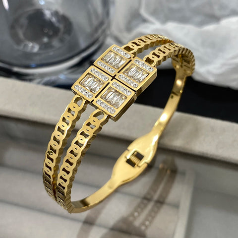 Luxury Square Zircon Stainless Steel Cuff Bracelet Bangle for Women Waterproof Geometric Gold Silver Color Wristband Jewelry