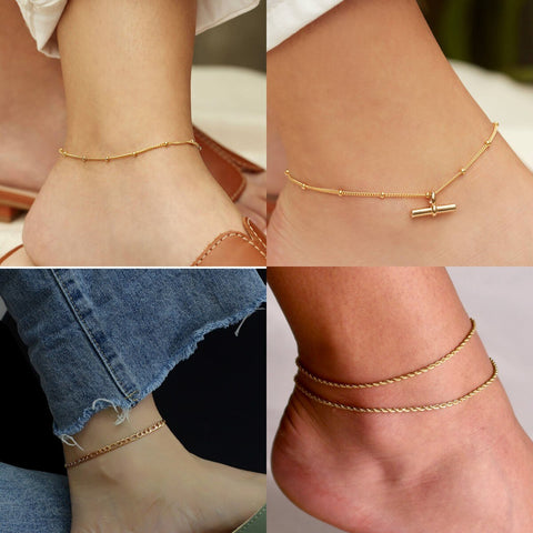 Waterproof Stainless Steel Foot Jewelry Minimalist T Bar Chain Link Non Tarnish 18K Gold Plated Ankle Bracelet Anklets for Women