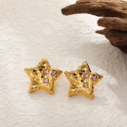 Vintage Hammered Texture Star Earrings for Women Stainless Steel Gold Plated with Pink Color Zircon Stud Earring Fashion Jewelry