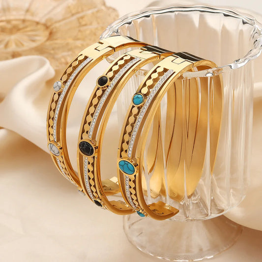 Inlaid Turquoise Stainless Steel Bracelet For Women Gold-Plated  Hollow Women's Hand Bracelets Simple Elegant Geometric Bangle