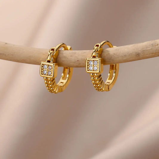 Exquisite Geometric Small Square Hoop Earrings For Women Stainless Steel Gold Color Safe Pin Evil Eye Earrings Jewelry aretes