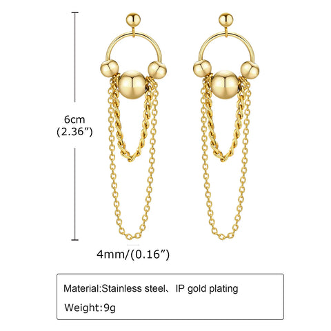 Stainless Steel Earring, Sliding Beaded Circle Hoops with Chain Drop Dangle Earring for Women