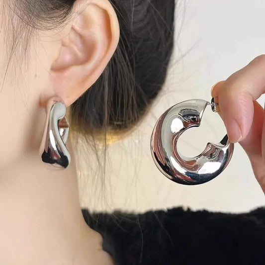 New Retro Stainless Steel Chunky C Shape Hoop Earrings Glossy Gold Plated Pvd Circle Round Tube Huggie Hoops Stacked Ear Jewelry