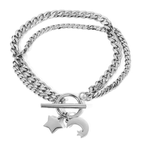 Stainless Steel Bracelets Elegant Star Moon Pendant Double Cuban chain Classic fashion