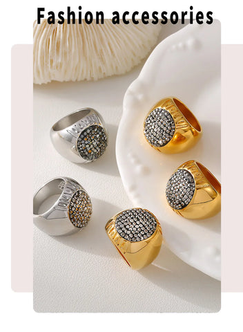 Luxury Shiny Rhinestones Beautiful Rings for Women Gold Plated Waterproof Stainless Steel Ring Exaggerate Finger Jewelry Gift