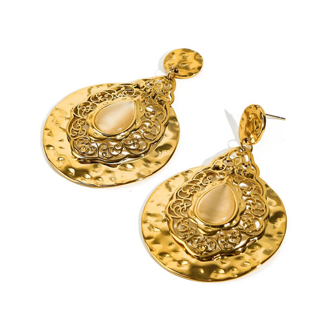 WILD & FREE Vintage Luxury Stainless Steel Drop Earrings for Women Opal Metal Textured Gold Plated Jewelry