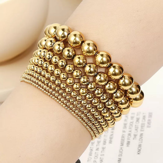 Fashion Jewelry 18K Gold Plated Waterproof Metal Ball High Quality Smooth Diameter 3/4/6/8mm Elastic Stainless Steel Bracelet