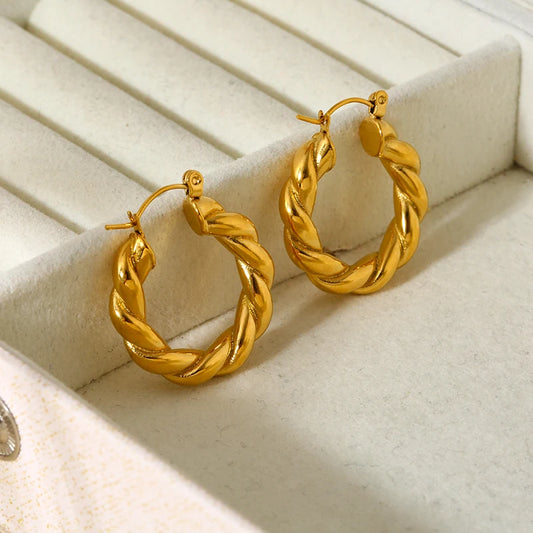 Classic 18K Gold Plated Stainless Steel Hypoallergenic Waterproof Thick Twist Hoop Earrings for Women Jewelry Gift