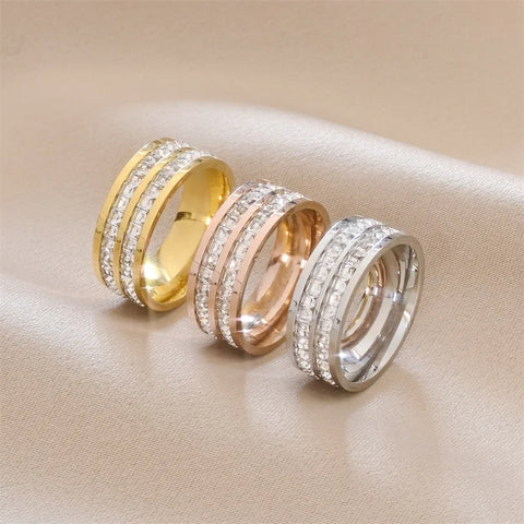 1 and 2 Rows Stones Ring for Women Quality Silver Rose Gold Color Stainless Steel Wedding Ring