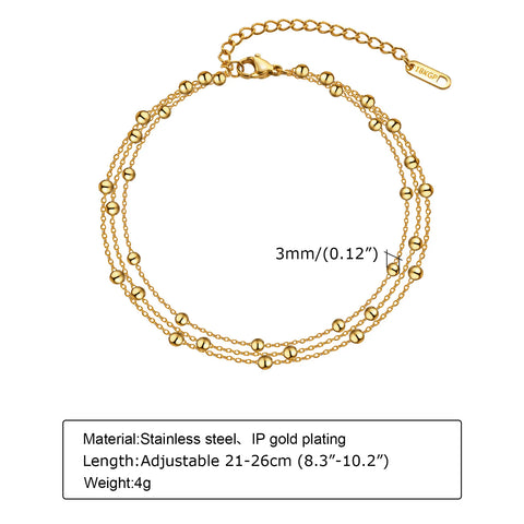 18k Gold Plated Stainless Steel Layered Chain With Beaded Anklet Bracelet for Women