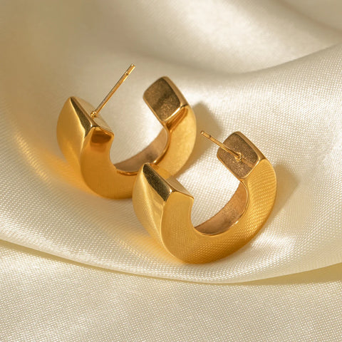 Waterproof Stainless Steel Chunky C-Shaped Hoop Wide Pendant Earrings Charm Gold Color 18K PVD Plated Statement Jewelry