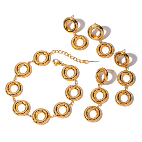 18K Gold Plated O-shaped Tarnish-proof Stainless Steel Exaggerated Multiple Circle Dangle Stud Earrings/Bracelet Set