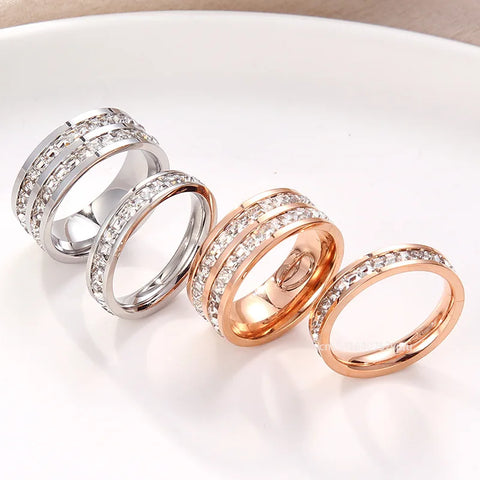 Luxury Rose Gold Color Double Row Square Zircon Stainless Steel Ring for Women Romantic Engageme Wedding Party Jewelry Female