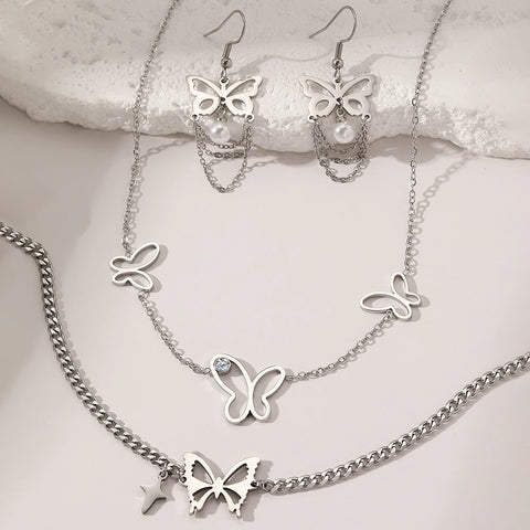 Stainless Steel Jewelry Set Necklace Earrings Atmospheric Butterfly Shape Diamonds Hollow Out Design For Women Jewelry Fine Gift