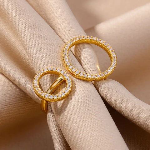 Zircon Double Circle Rings For Women Stainless Steel Adjustable Geometric Circle Ring Wedding Party Aesthetic Jewerly Gift femme