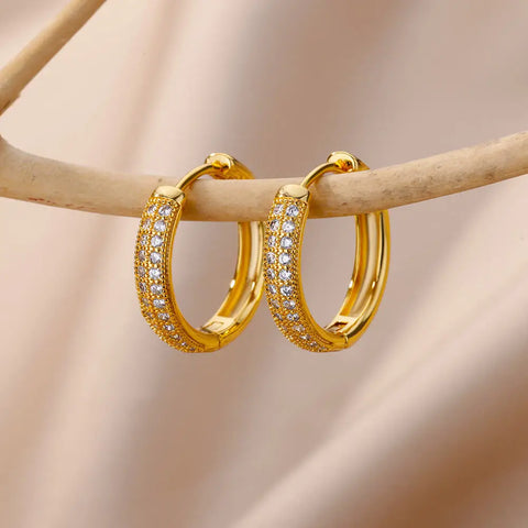 Aesthetic Circular Stainless Steel Hoop Earrings Jewelry Set For Women Gold Color Zircon Earring Luxury 2023 Pendientes Jewelry