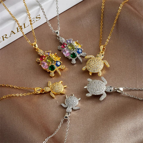 Colorful Zircon Cute Tortoise Pendant Necklaces for Women Girls Stainless Steel Trendy Romantic Jewelry Accessories Gifts