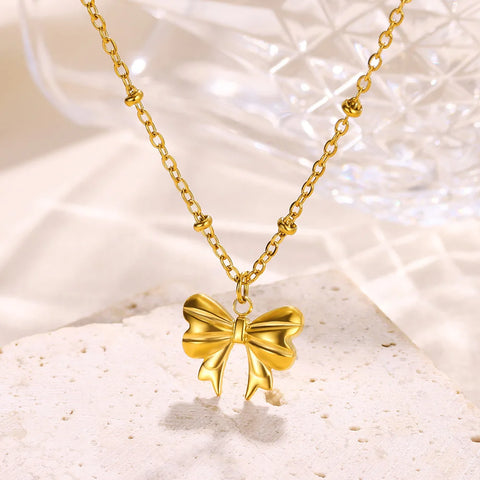 Charm Bow Necklace For Women Romantic Butterfly Heart Zircon Gold Color Cross Choker Stainless Steel Chain Jewelry Xmas Gift