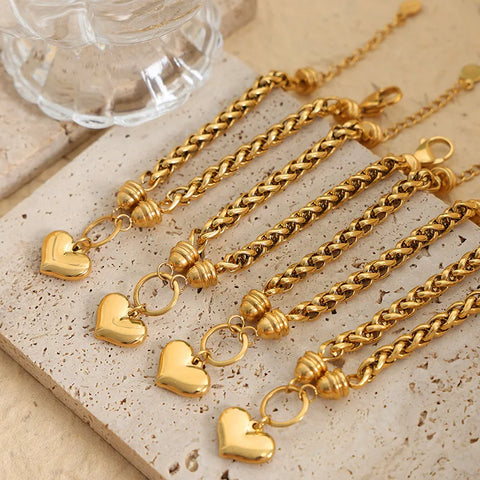 New Stainless Steel Heart-Shaped Pendant Bracelet For Women Brazilian Gold-Plated Thick Chain Luxury Jewelry Wholesale