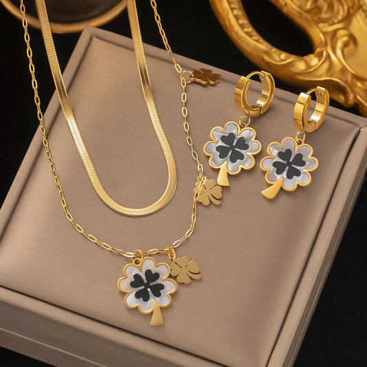 Fashion Four-leaf Clover Stainless Steel Earrings Necklace Set For Women Lucky Turkish Blue Eyes Drop Pendant Daywear Jewelry