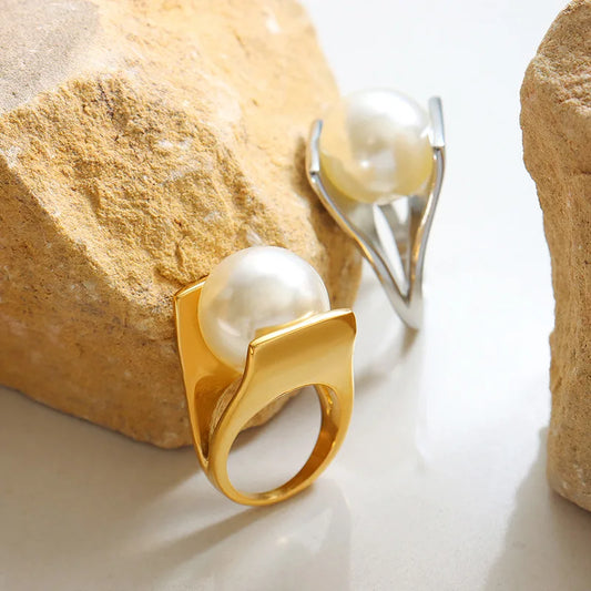 French Light Luxury Exaggerated Clip Simulates Pearl Stainless Steel Ring Does Not Fade 18K Gold Plated Jewelry