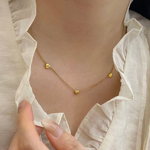 New Waterproof Gold Plated Stainless Steel Bead Love Heart Shape Pendant Choker Necklace Charm Lovers Chain Gift Fashion Jewelry