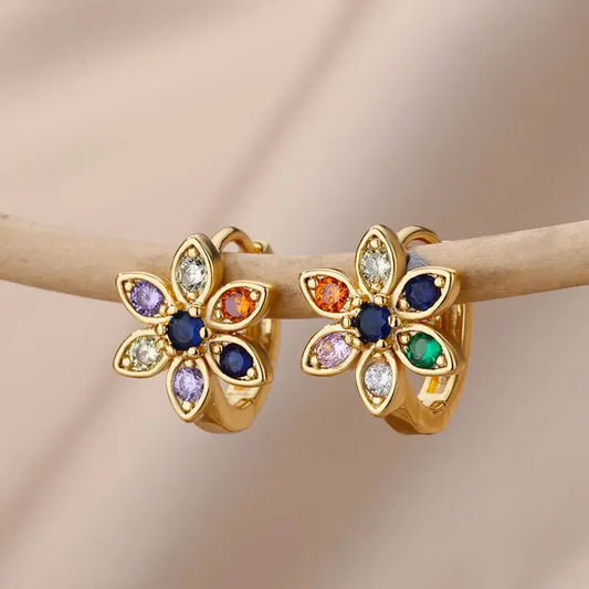 Zircon Colored Flower Earrings For Women Stainless Steel Flower Stars Hoop Earring 2024 Trending Luxury Aesthetic Jewelry aretes