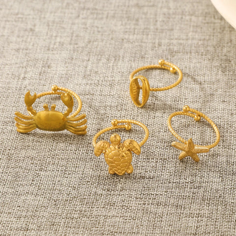 Popular 18K Gold Plated Stainless Steel Animal Ring for Women No Fade Adjustable Starfish Heart Crab Rings Seaside Beach Jewelry