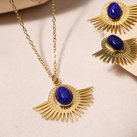 WILD & FREE Stainless Steel Geometric Natural Lapis Lazuli Pendant Necklace for Women Vintage Luxury Gold Plated Jewelry Set