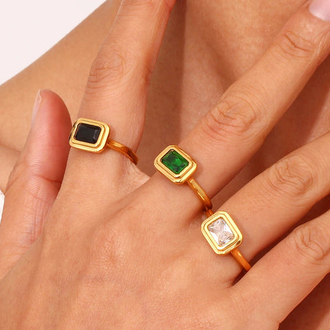 2023 Summer Holiday Single Item Square Sugar Green Black Zircon Signet Rings For Woman Stainless Steel Gemstone Rings