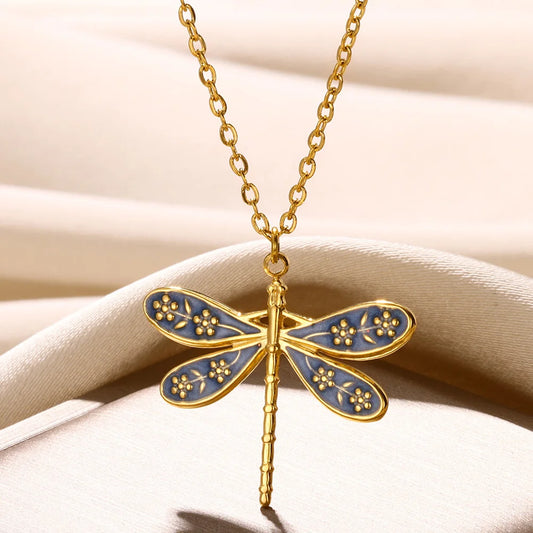 Gold Color Stainless Steel Necklaces For Women Dragonfly Pendants Choker Fashion Vintage Insect Jewelry Accessories Gift Collier