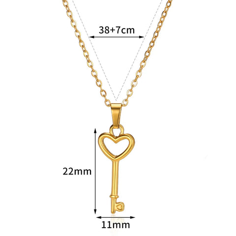 Stainless Steel Heart Hollow Pendant Necklace For Women Classic Gold Color Chain Accessories Romance Cute Heart Key Jewelry New