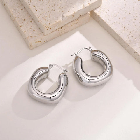 Women Chic Geometric Hoop Earrings for Women, Silver Plated Minimalist Stainless Steel Circle Huggies, Party Bold Ear Jewelry