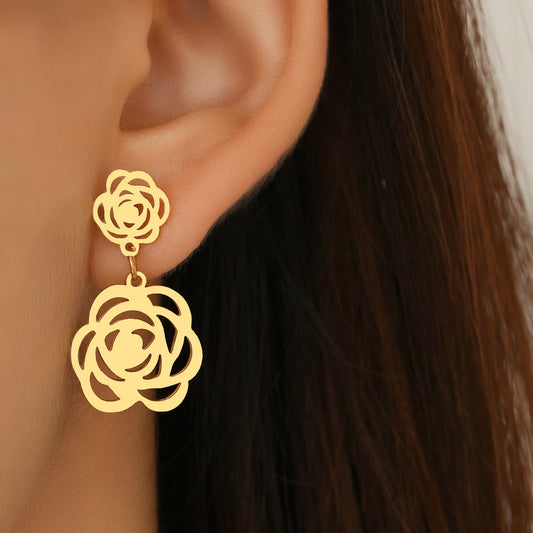 Stainless Steel Earrings Vintage Elegant Hollow Flower Pendant Fashion Exquisite Dangle Earrings For Women Jewelry Party Gifts
