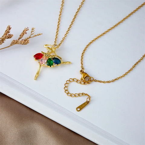 Colorful Zircon Ballerina Girl Pendant Necklaces for Women Girls Stainless Steel Trendy Romantic Jewelry Accessories Gifts