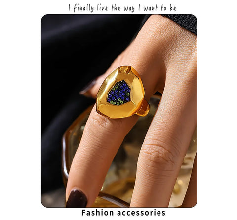 Fashion Stainless Steel Rings For Women Cystal Inlaid Exaggerate Wedding Party Index Rings Gold Plated Waterproof Jewelry