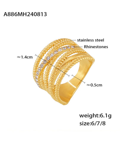 Multi Lines Designer Chic Stainless Steel Rings For Women Gold Plated Rhinestones Finger Ring Charm Waterproof Jewelry Gift