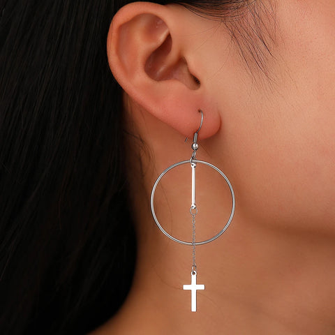 Stainless Steel Earrings Exaggerated Geometric Big Circle Stick Gothic Cross Tassel Pendants Earrings For Women Jewelry Gifts