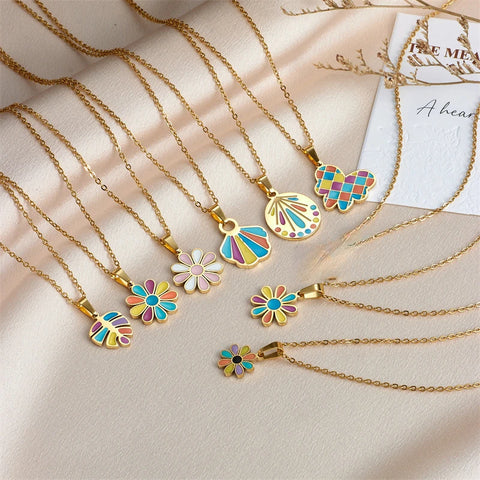 Stainless Steel Chain Classic Shiny Colorful Flowers Pendant Necklace for Women Lady Vintage Jewelry Accessories Gifts